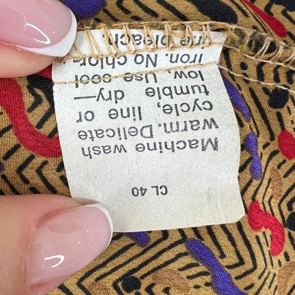 Vintage STUART LANG Tan Print Long Sleeve Button-Down Pleated Collared Shirt 12 - Picture 7 of 7